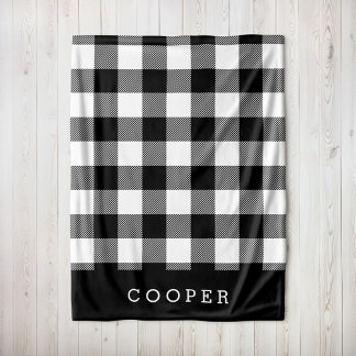 Black and White Buffalo Check Monogram Fleece Blanket