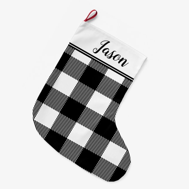 Black and White Buffalo Check Plaid Large Christmas Stocking (Front (Hanging))