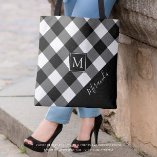 Black and White Buffalo Check Plaid Monogram Name Tote Bag