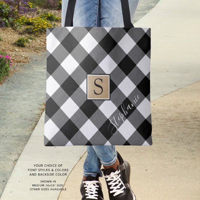 Black and White Buffalo Check Plaid Monogram Tote Bag (Creator Uploaded)
