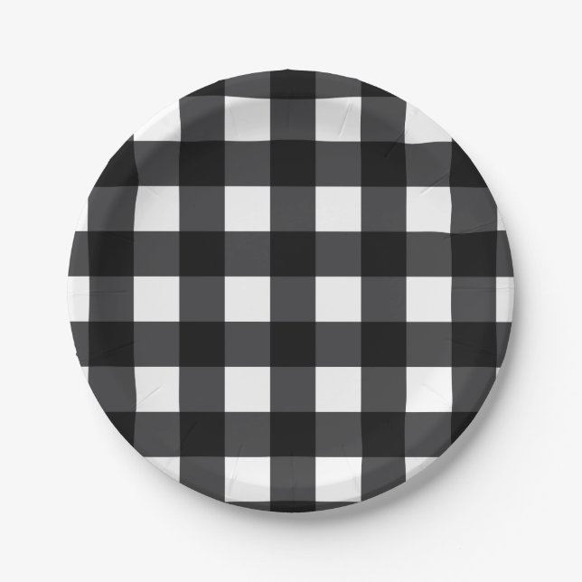 Black and White Buffalo Check, Plaid Paper Plate (Front)