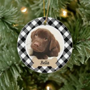 Black and White Buffalo Plaid Christmas Dog Photo Ceramic Tree Decoration