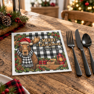 Black and White Buffalo Plaid Christmas Moose Dinn Napkin