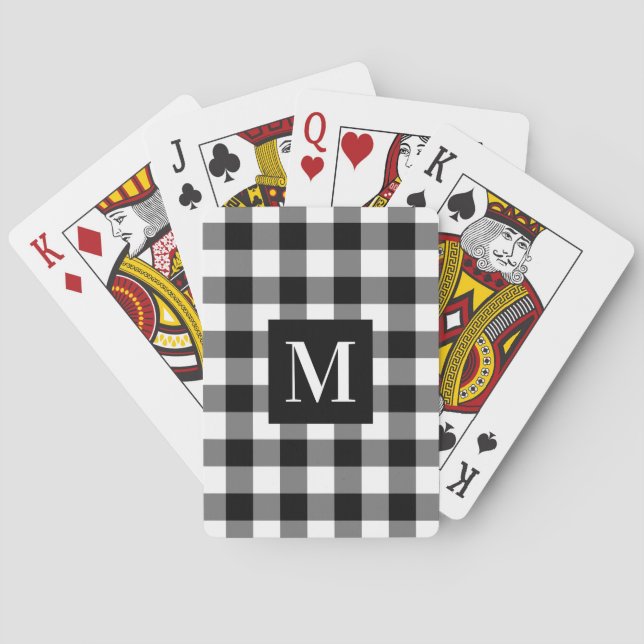Black and White Buffalo Plaid Custom Monogram Playing Cards (Back)
