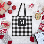 Black and White Buffalo Plaid Custom Monogram Tote Bag<br><div class="desc">Stylish tote bag features a large scale black and white buffalo check plaid patterned design with a custom monogram initial that can be personalised.</div>