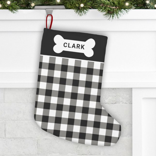 Black and White Buffalo Plaid Dog Bone Monogram Small Christmas Stocking (Creator Uploaded)