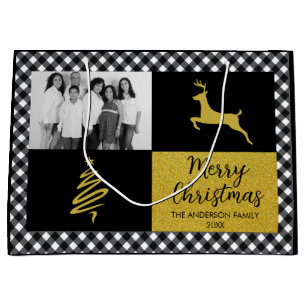 Black and White Buffalo Plaid Gold Holiday Photo Large Gift Bag