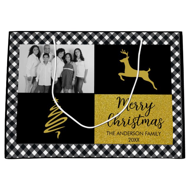 Black and White Buffalo Plaid Gold Holiday Photo Large Gift Bag (Front)