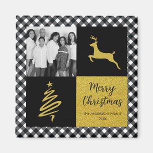 Black and White Buffalo Plaid Gold Holiday Photo Magnet