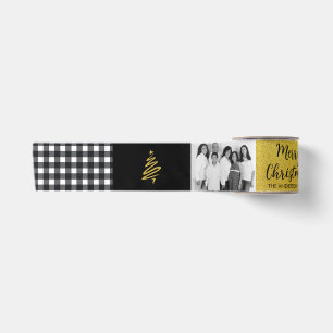 Black and White Buffalo Plaid Gold Holiday Photo Satin Ribbon