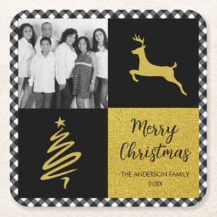 Black and White Buffalo Plaid Gold Holiday Photo Square Paper Coaster