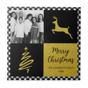 Black and White Buffalo Plaid Gold Holiday Photo Tile