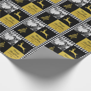 Black and White Buffalo Plaid Gold Holiday Photo Wrapping Paper