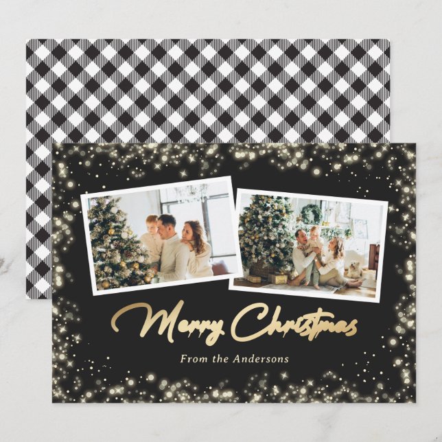 Black and White Buffalo Plaid Gold Photo Christmas Holiday Card (Front/Back)
