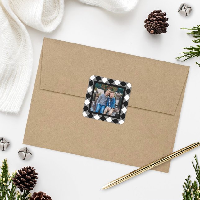 Black and White Buffalo Plaid Holiday Photo Square Sticker (Creator Uploaded)