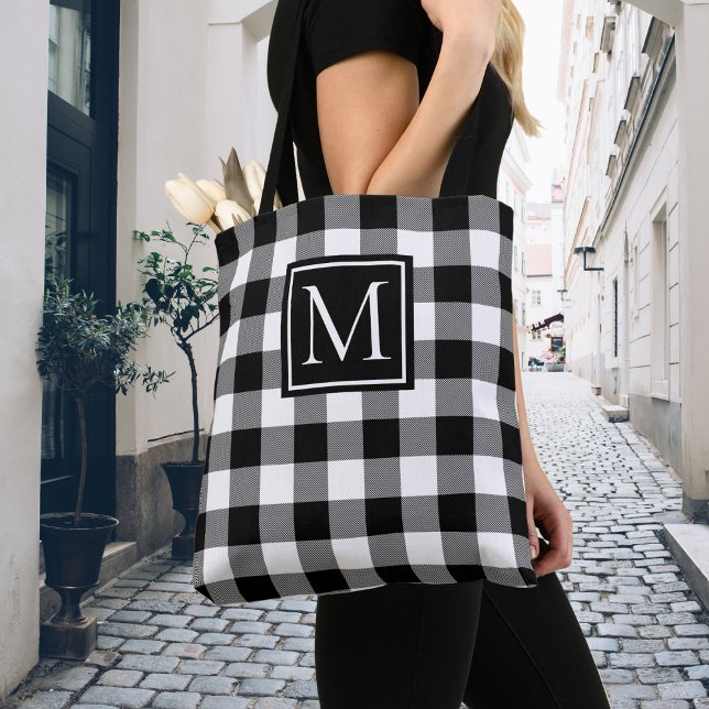 Black and White Buffalo Plaid Monogram Custom Tote Bag (Creator Uploaded)