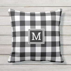 Black And White Buffalo Plaid Monogram Farmhouse Cushion