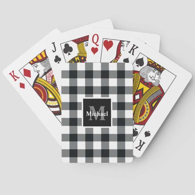 Black and White Buffalo Plaid Monogram Personalise Playing Cards (Back)