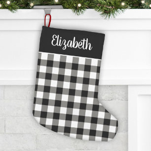 Black and White Buffalo Plaid Personalised Name Small Christmas Stocking