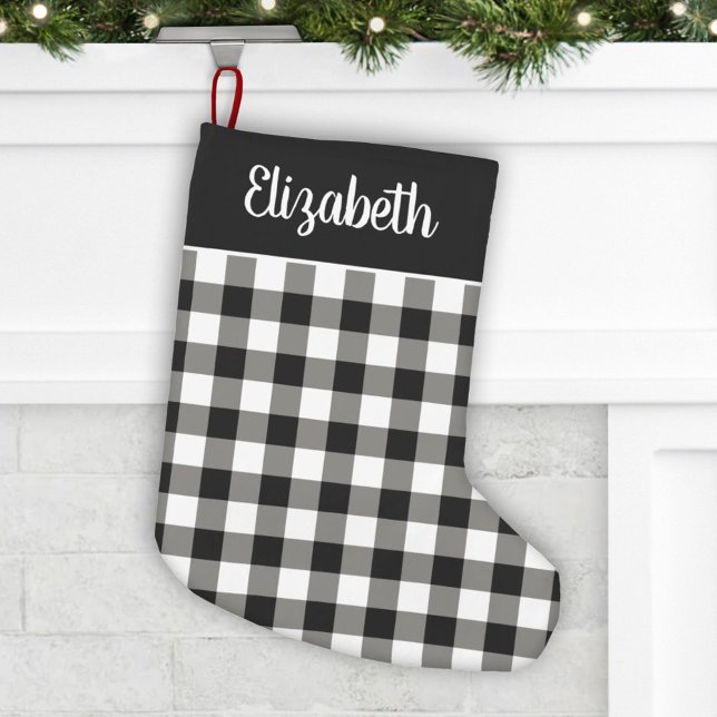 Black and White Buffalo Plaid Personalised Name Small Christmas Stocking (Creator Uploaded)