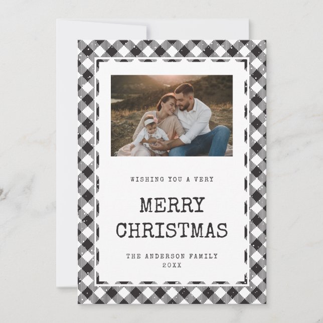Black and White Buffalo Plaid Photo Christmas Card (Front)