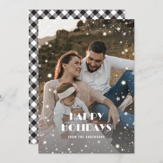 Black and White Buffalo Plaid Starry Photo Holiday Card (Front/Back)