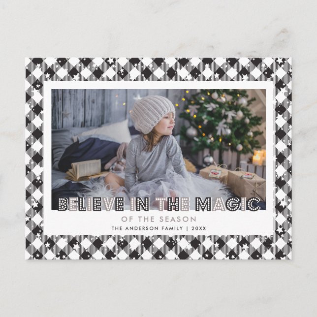 Black and White Buffalo Plaid Stars Believe Photo Holiday Postcard (Front)