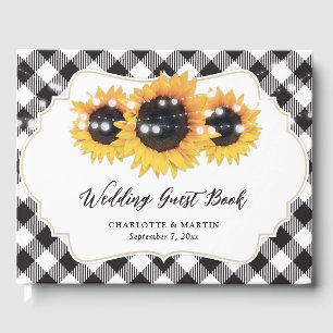 Black and White Buffalo Plaid Sunflower Wedding Guest Book