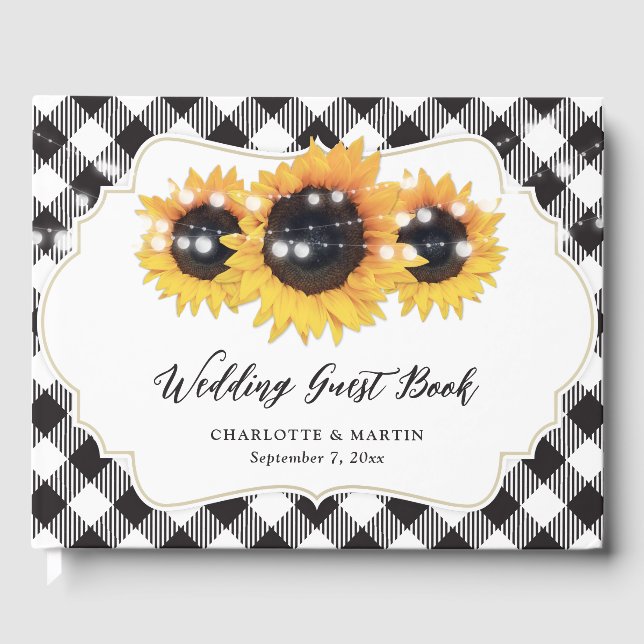Black and White Buffalo Plaid Sunflower Wedding Guest Book (Front)