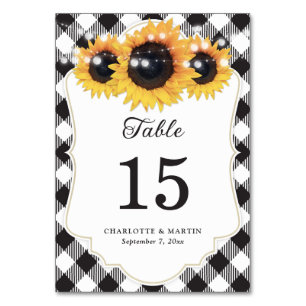 Black and White Buffalo Plaid Sunflower Wedding Table Number