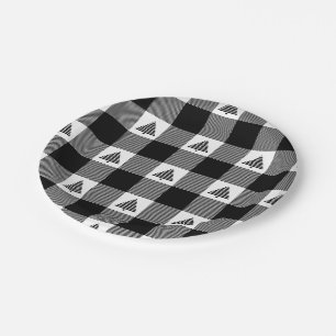 Black and White Buffalo Plaid with Christmas Trees Paper Plate