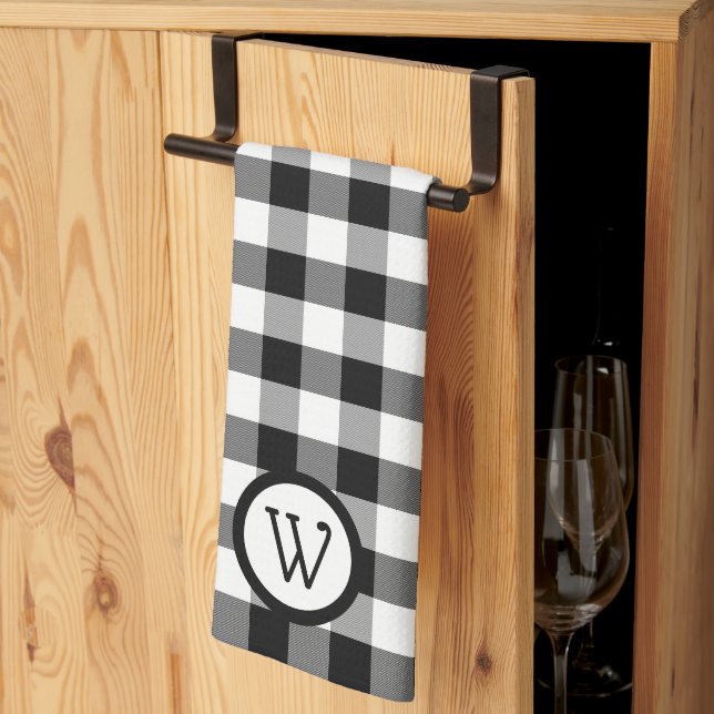 Black and White Buffalo Plaid with Monogram Tea Towel (Thirds Fold)