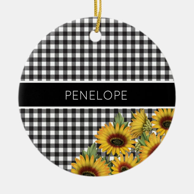 Black and White Buffalo Plaid Yellow Sunflowers Ceramic Tree Decoration (Front)