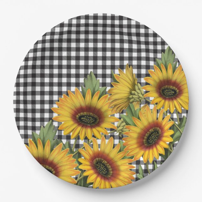 Black and White Buffalo Plaid Yellow Sunflowers  Paper Plate (Front)