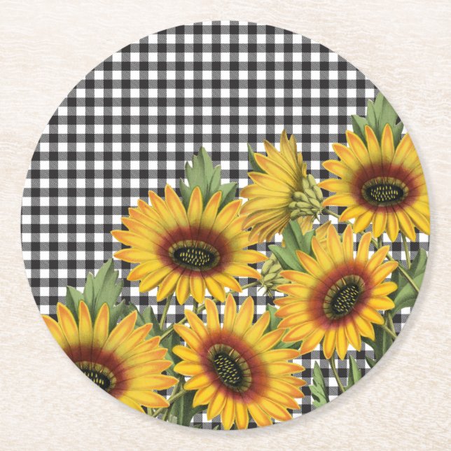 Black and White Buffalo Plaid Yellow Sunflowers Round Paper Coaster (Front)