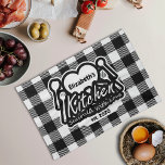 Black and White buffalo plain Kitchen Custom Name Tea Towel<br><div class="desc">Add a rustic, cosy touch to your kitchen with this stylish black and white buffalo plaid custom name towel! Featuring the heartwarming quote "Kitchen Seasoned with Love" surrounded by kitchen utensils and a heart frame where you can personalise your name. Complete the look by adding your established year at the...</div>