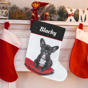 Black and White Bulldog Puppy Name and Photo Large Christmas Stocking