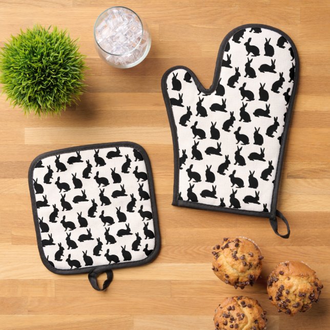 Black And White Bunny Pattern For Easter Oven Mitt & Pot Holder Set (Top Down)