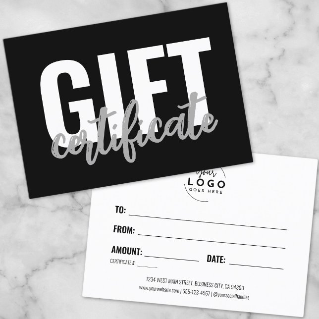 Black And White Business Logo Gift Certificate (Logo Simple Script Business Gift Certificate)