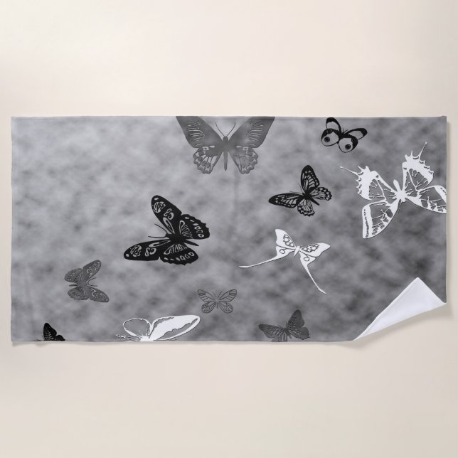 Black and White Butterflies Beach Towel (Front)