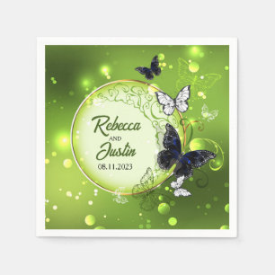 Black and White Butterflies on Green Boho Napkins