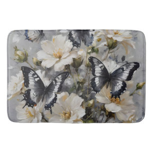 Black And White Butterflies On White Flowers, Bath Mat