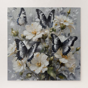 Black And White Butterflies On White Flowers, Jigsaw Puzzle