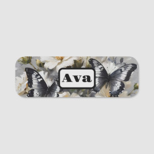 Black And White Butterflies On White Flowers, Name Tag