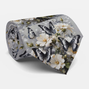 Black And White Butterflies On White Flowers, Tie