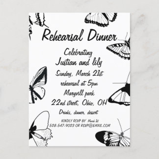 Black and White Butterflies Rehearsal Dinner Postcard