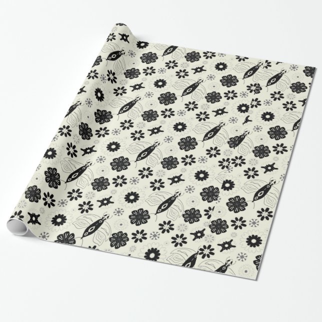 Black and white butterflies seamless pattern wrapping paper (Unrolled)