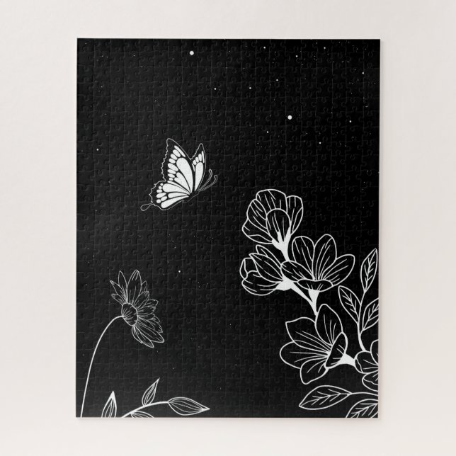 Black and White Butterfly and Flowers at Night Art Jigsaw Puzzle (Vertical)