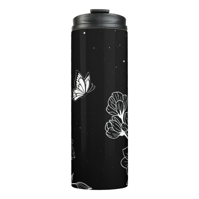 Black and White Butterfly and Flowers at Night Art Thermal Tumbler (Front)