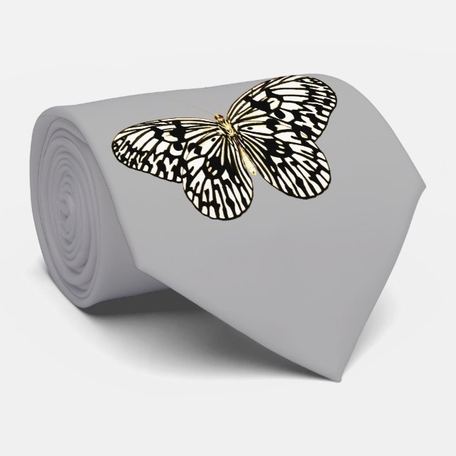 Black and white butterfly, grey / grey background tie (Rolled)